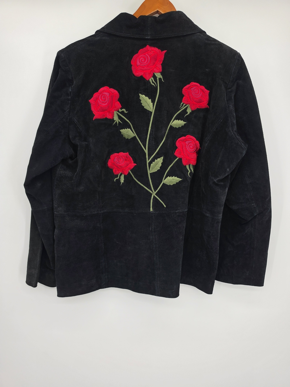 Venezia Vintage Black Suede Jacket with Red Rose Embroidery Womens 16